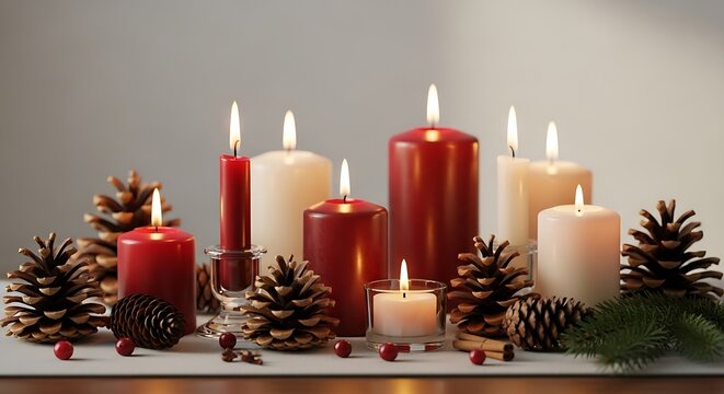 Advent Candle Arrangement with Pinecones and Greenery in Cozy Warm Light