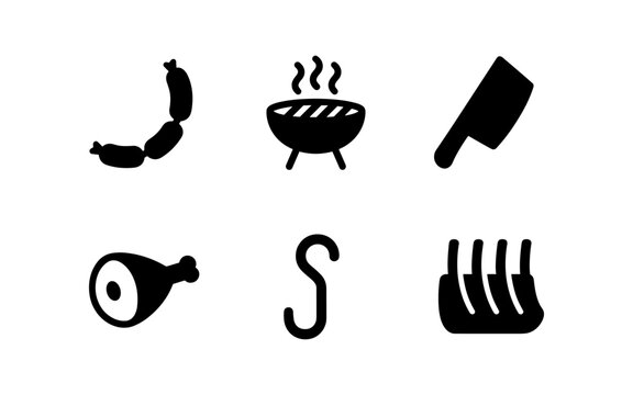 Minimalist bbq icons set: sausage, grill, cleaver, meat hook, ham, ribs