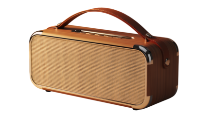 A stylish retro portable bluetooth speaker with a brown leather-like case, woven fabric grille, and carrying handle, isolated on transparent background