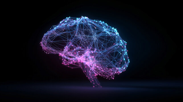 Glowing brain made of optical fibers neural network artificial intelligence digital technology blue and pink light futuristic innovation science creativity imagination - Powered by Adobe