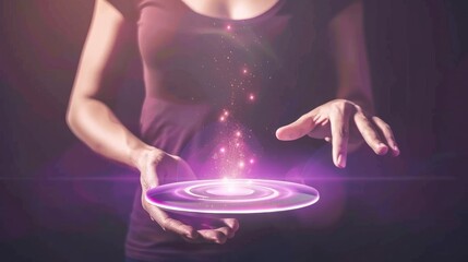Futuristic Woman Holding Glowing Digital Interface with Light Effects in Dark Environment