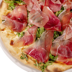White pizza with prosciutto crudo, arugula and parmesan