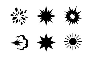 Collection of black explosion and burst icons on white background