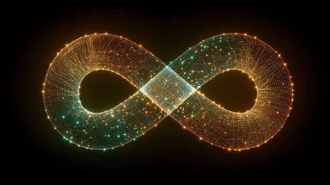 Glowing infinity symbol abstract loop digital wireframe light beams complex problem futuristic technology endless energy vibrant dynamic