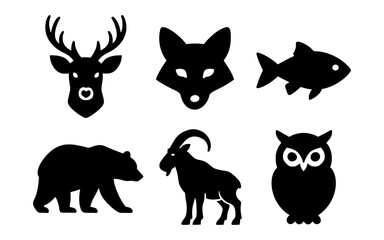 Naklejka premium Animal silhouette icons featuring deer, fox, fish, bear, goat, and owl