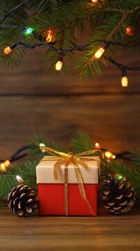 caja de regalo decorada con un lazo sobre una mesa de madera, acompa&ntilde;ada de una rama de pino, una pi&ntilde;a y luces navide&ntilde;as encendidas que crean un ambiente festivo y c&aacute;lido.