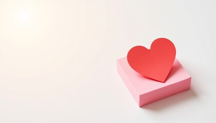 Red heart paper cutout on pink sticky notes on white background  