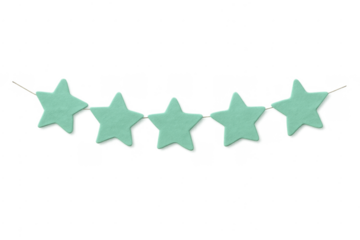 Five mint green stars rating garland on transparent background