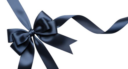 Elegant dark blue satin ribbon bow isolated on transparent background for gift wrapping or decoration