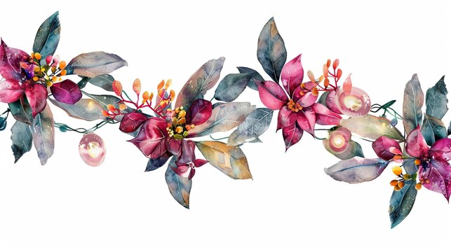 Watercolor Quirky Christmas Festive garland with lights isolated on white background.