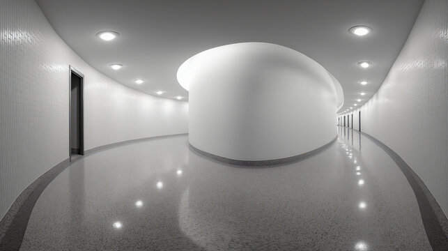 Curved hallway white wall modern architecture glossy floor ceiling light non Euclidean empty corridor minimalistic surreal reflection curved hallway with glossy floor and white wall features