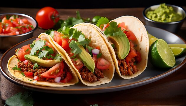 a delicious plate of tacos filled with fresh ingredients such as tomatoes avocado and cilantro