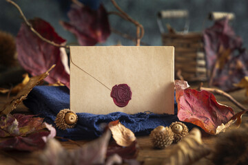 Envelope on wood near autumn dried leaves closeup, wedding and party, rustic mockup