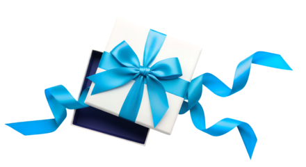 Beautiful open white gift box with a vibrant blue ribbon and bow, perfect for celebrations, gifts, and surprises, elegantly presented and isolated on transparent background