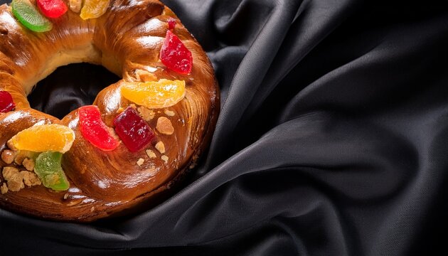 Background Of A Roscon De Reyes With Candied Fruits On Finely Draped Black Silk Fabric And Copy Space For Text A Typical Spanish Dessert For Three Kings Day Or Epiphany