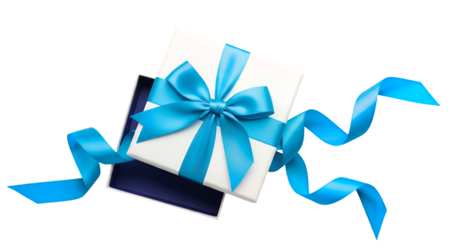 Beautiful open white gift box with a vibrant blue ribbon and bow, perfect for celebrations, gifts, and surprises, elegantly presented and isolated on transparent background