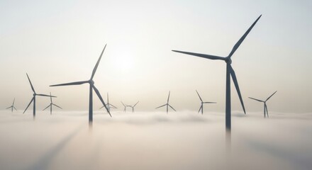 Wind Turbines in a Misty Field - Sustainable Energy Generation.