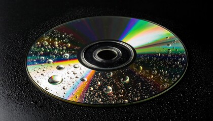 Reflective disc glistening with water droplets against a dark background