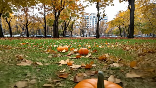 Autumn beauty captured in a park with vibrant pumpkins among fallen leaves and colorful trees