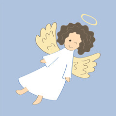 Cartoon angel. Vector illustration of flying baby curly hair angel for Christmas holyday decoration