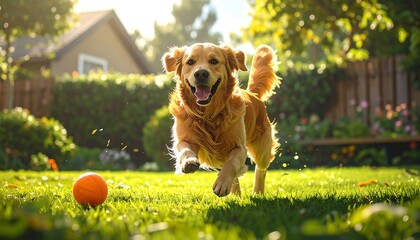 Playful golden retriever running towards the viewer in sunny backyard