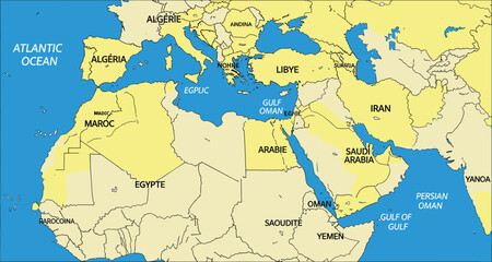 political, map, North Africa, Middle East, countries, French, labels, geography, region, borders, ocean, sea, Gulf, Iran, Egypt, Morocco, Saudi Arabia, Libya, Oman, Europe