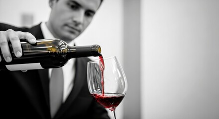 Man in a suit pouring red wine into a glass, showcasing the elegance of wine service in a sophisticated dining environment with modern decor