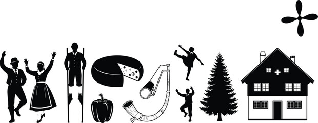 Switzerland, culture, tradition, silhouette, black, white, dance, cheese, chalet, alphorn, flag, people, tree, flower, heritage, folk, graphic, illustration, design, symbol