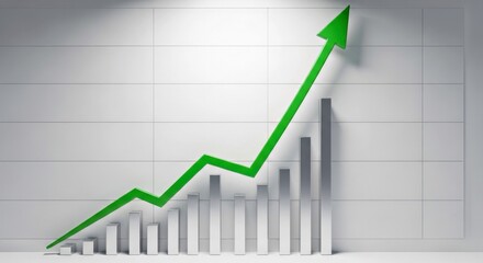 Graph showing upward trend with green arrow indicating growth, representing financial success and business development in a modern office environment with clean lines