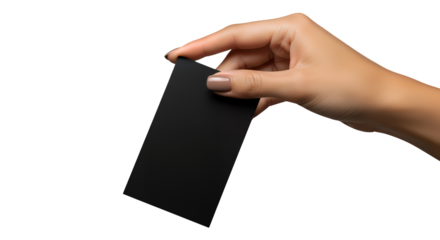 A woman's hand holding a blank vertical black business card, perfect for a branding or identity mockup, isolated on transparent background