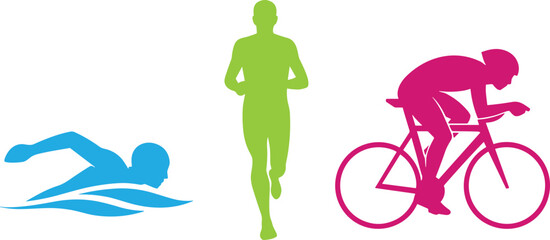 Triathlon silhouette illustration, swimming running cycling, colorful athlete figures, endurance sport design, dynamic motion concept, fitness competition artwork, abstract icons