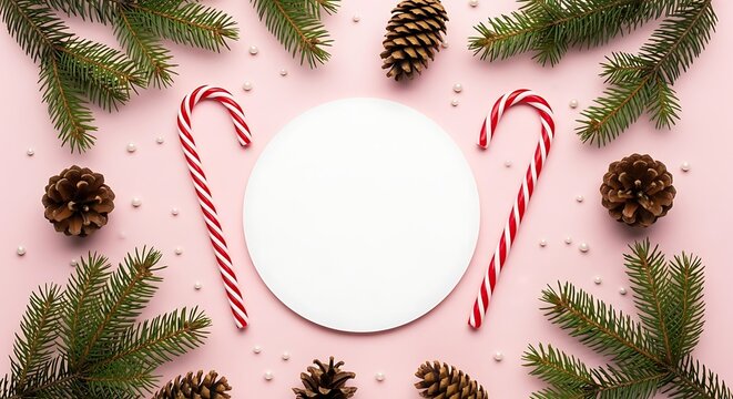 Festive christmas frame with candy canes pine cones and evergreen branches