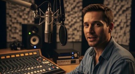 Professional Man Recording Podcast in Studio for Audio Content Creation