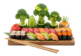 Assortment of fresh sushi and nigiri served on a wooden board with broccoli garnish isolated on transparent background