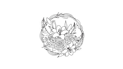 Elegant floral wreath with roses and lilies delicate line art illustration perfect for wedding invitations and greeting cards