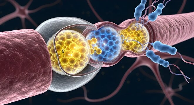 Chemical Synapse Neurotransmitter Release &ndash; Synaptic Vesicle Exocytosis Receptor Binding 3D Medical Illustration