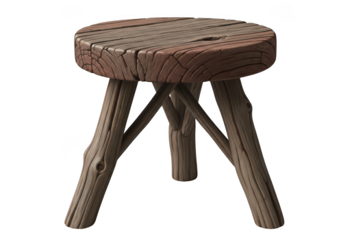 Rustic wooden stool made from log sections and branches isolated on transparent background