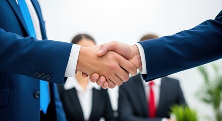 Business handshake in office setting, symbolizing agreement and partnership