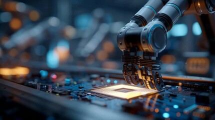 High precision robotic arm assembling microchip on circuit board in close up - Powered by Adobe