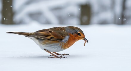 Robin bird with a worm in the snow