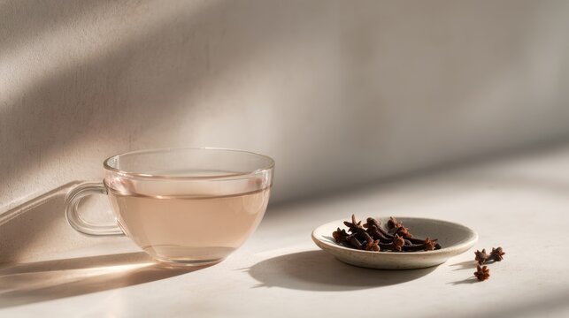 Morning herbal tea with clove spice in sunlit setting for relaxation and serenity