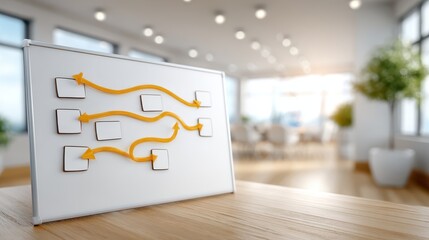 Strategic planning session using marker drawings of arrows and boxes in modern office environment
