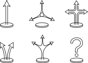 Decision direction arrows icons set – up, split, crossroads, options and question mark – thin line vector