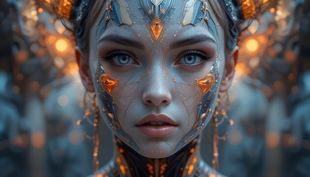 Ethereal beauty with captivating blue eyes and intricate golden adornments, a vision of fantasy and allure, perfect for magical, artistic, or dreamlike projects
