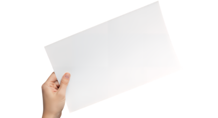 A human hand holds a pristine, blank white sheet of paper at an angle, showcasing its clean surface for design, perfectly isolated on a transparent background