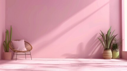 Minimalist Pink Interior Room with Potted Plants and Rattan Chair