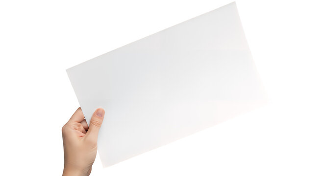A human hand holds a pristine, blank white sheet of paper at an angle, showcasing its clean surface for design, perfectly isolated on a transparent background