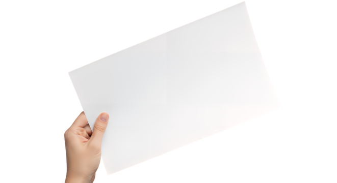 A human hand holds a pristine, blank white sheet of paper at an angle, showcasing its clean surface for design, perfectly isolated on a transparent background