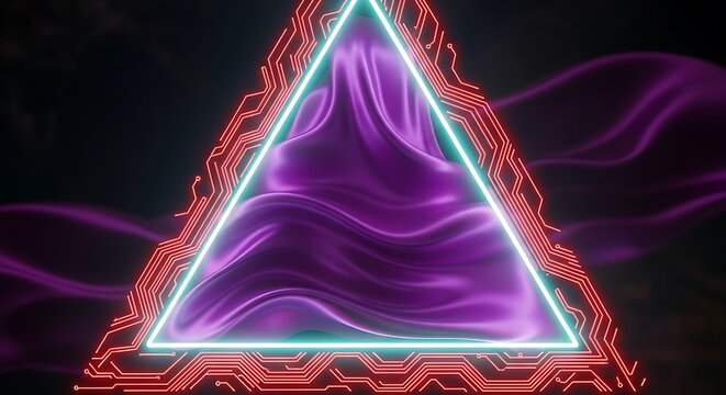 Futuristic triangle design with violet silk and circuit board frame effect - Powered by Adobe