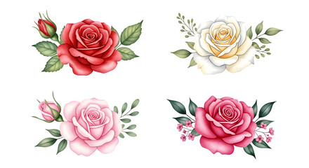Vintage Rose Flower Elements - Watercolor Floral Corner Borders, Red and White Roses Set